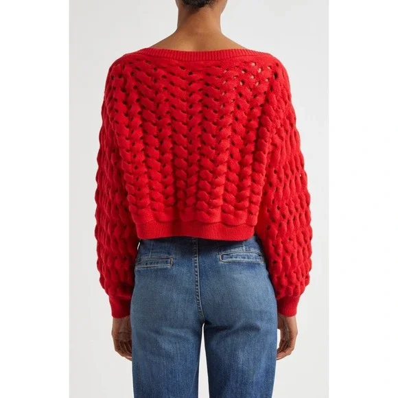 alice + olivia Allene Chunky Open Stitch Ruby Red Crop Sweater Medium NWOT $495